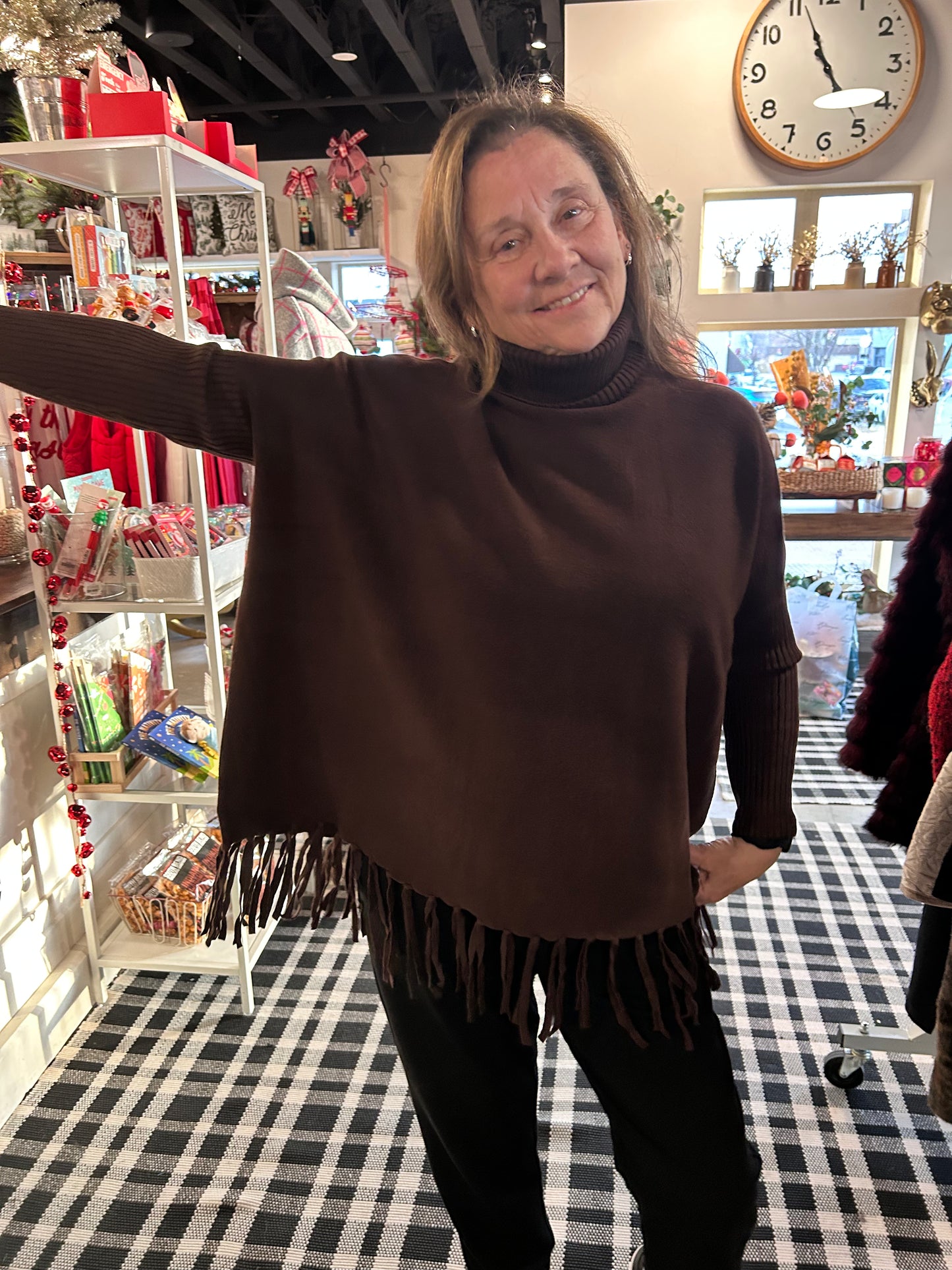 Roll Neck Fringe Poncho Chocolate