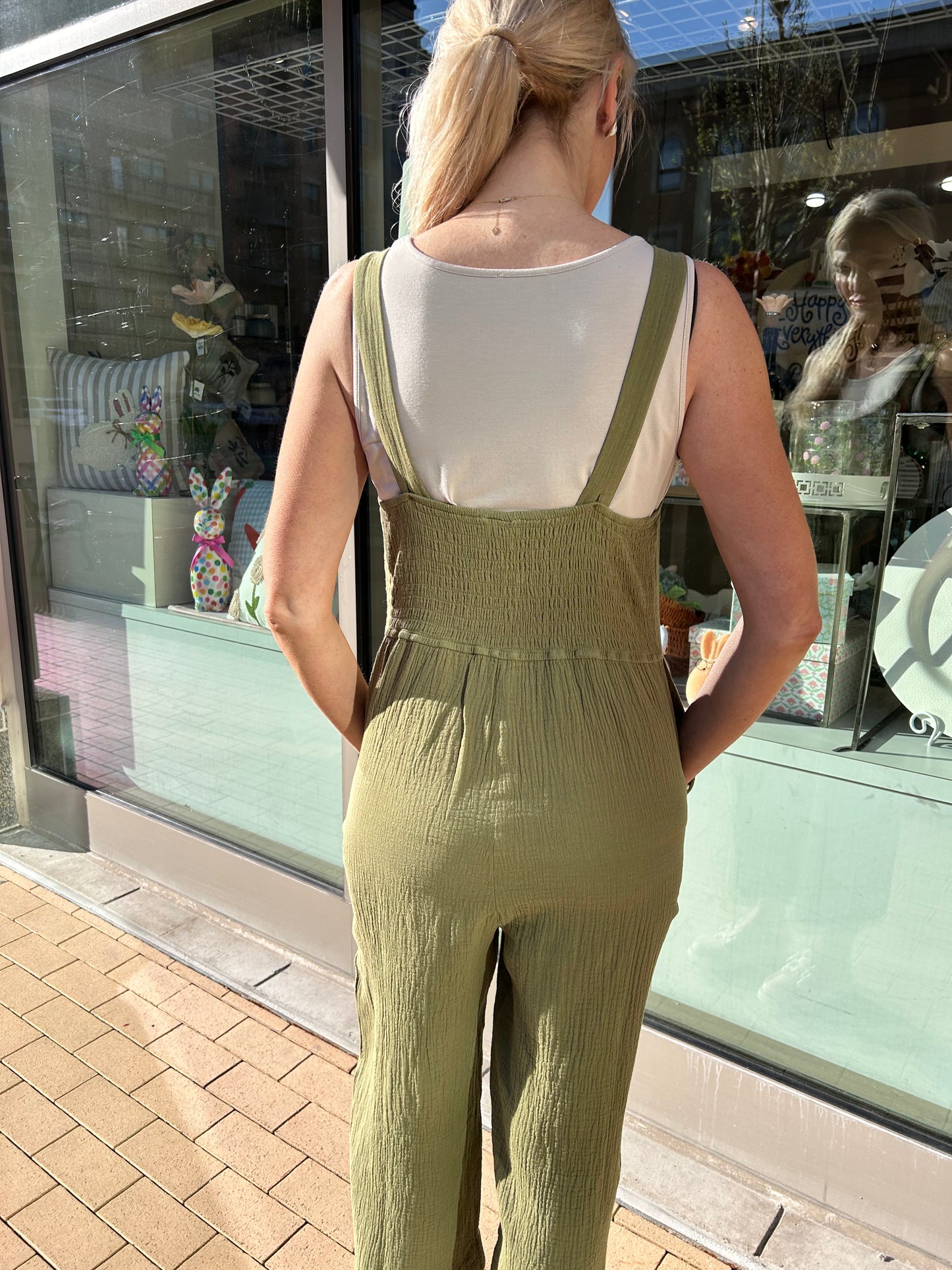 Tribal Green Jumpsuit with Back Smocking