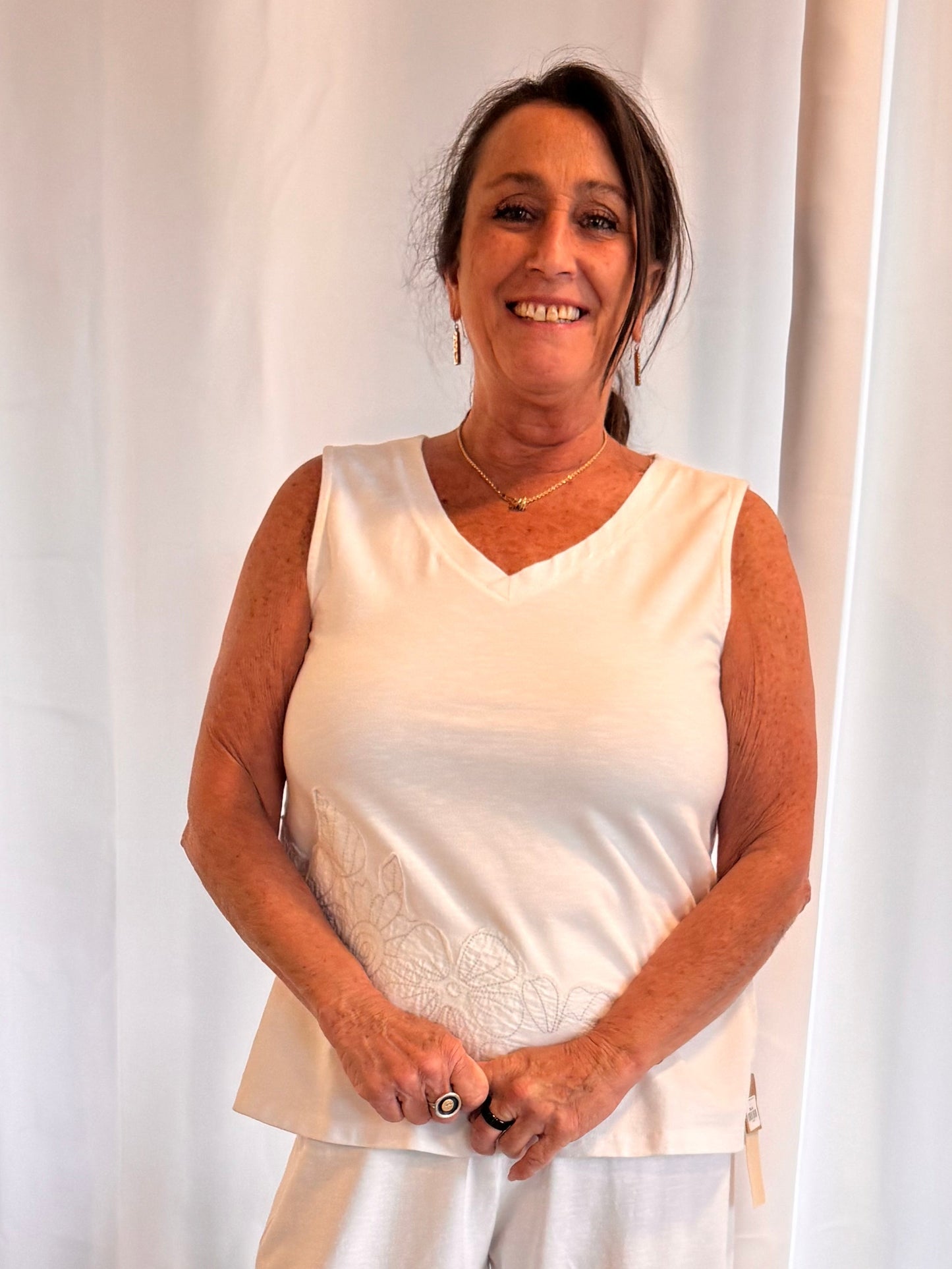 Escape Embroidered V Neck Tank White