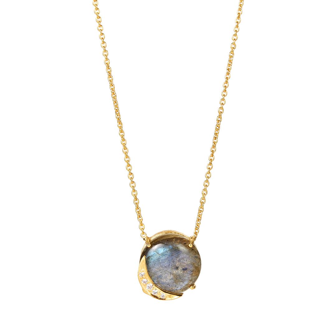 EBass Labradorite Cabochon Pave CZ Crescent Necklace