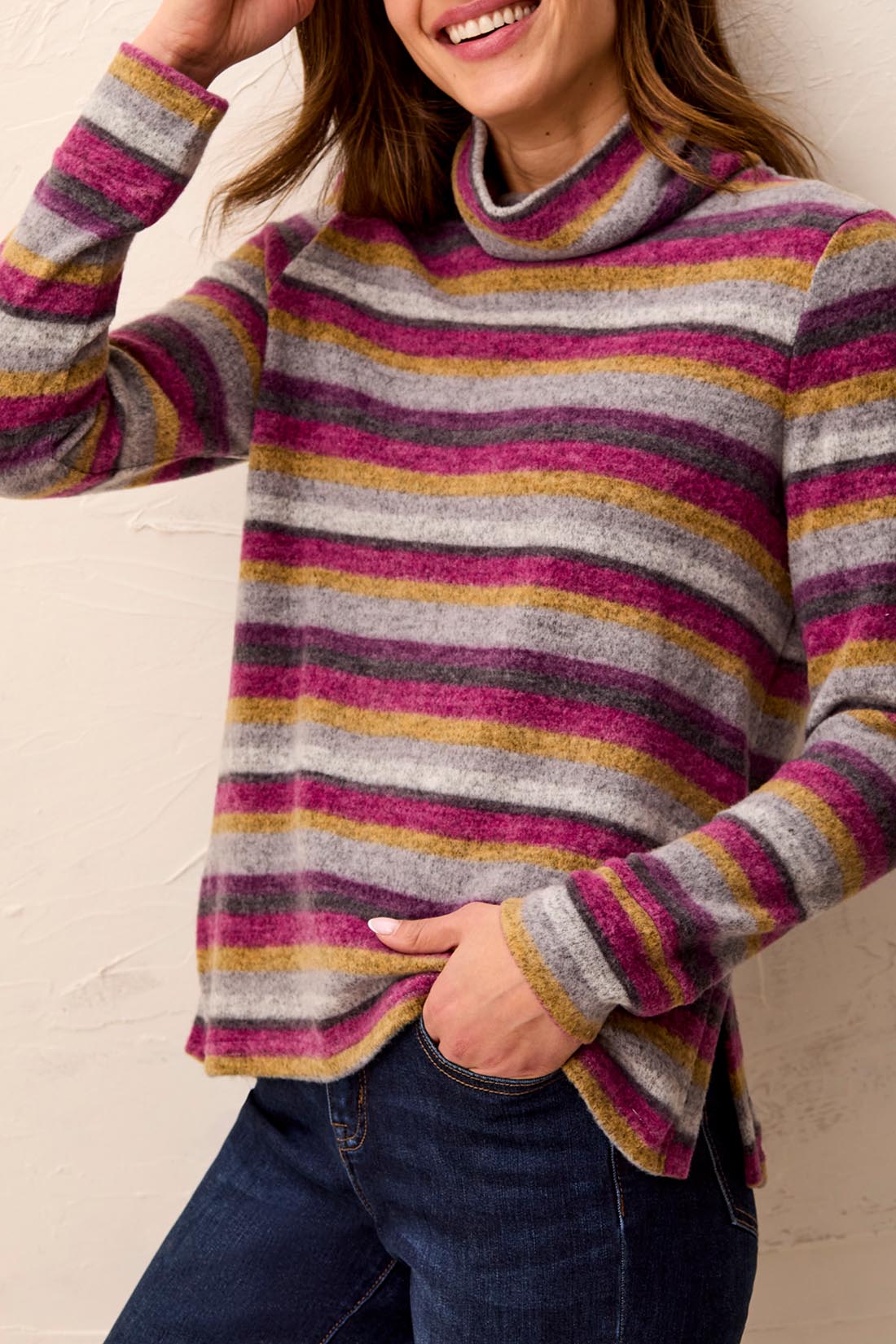 Tribal funnel neck top with side slits