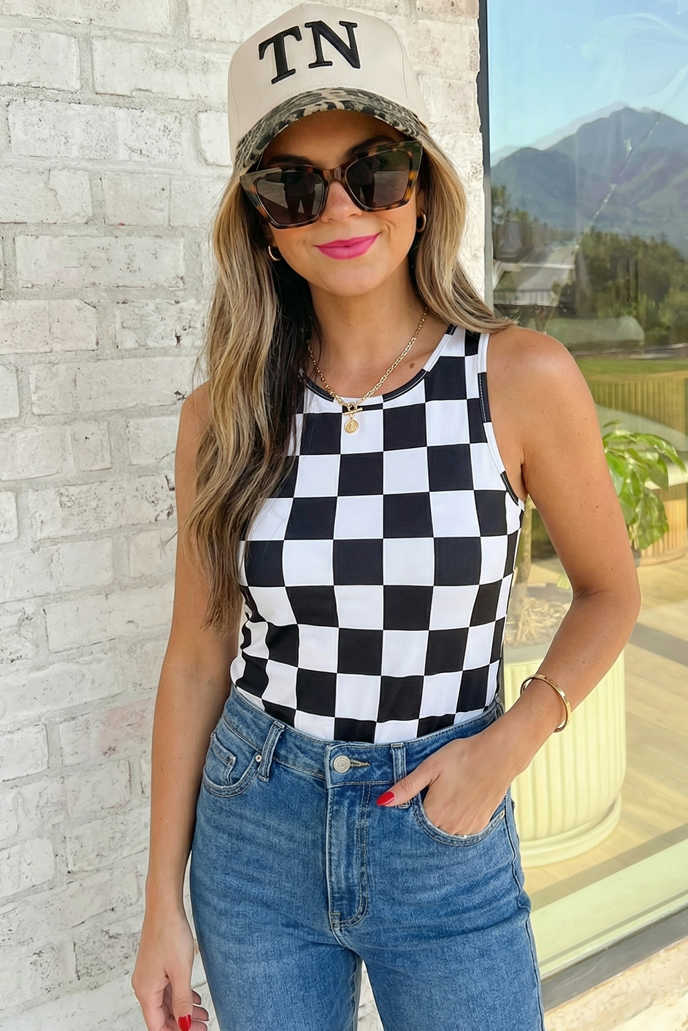 Checkered Print Slim Fit Tank Top