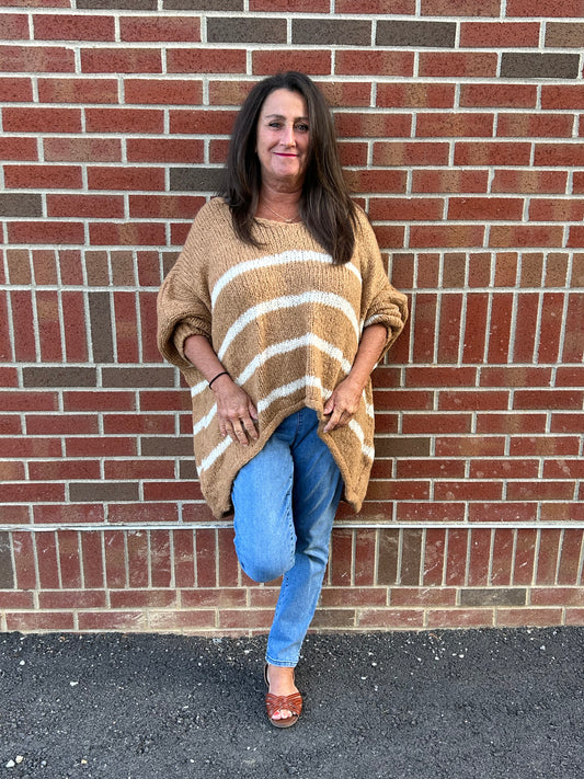 Camel and White Stripe Oversized Sweater O/S