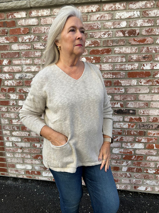 Pocketed V Neck One Size Cotton Sweater