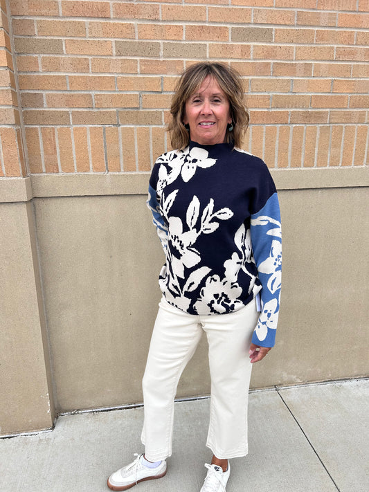 Tribal Jacquard Funnel Neck Sweater Sapphire