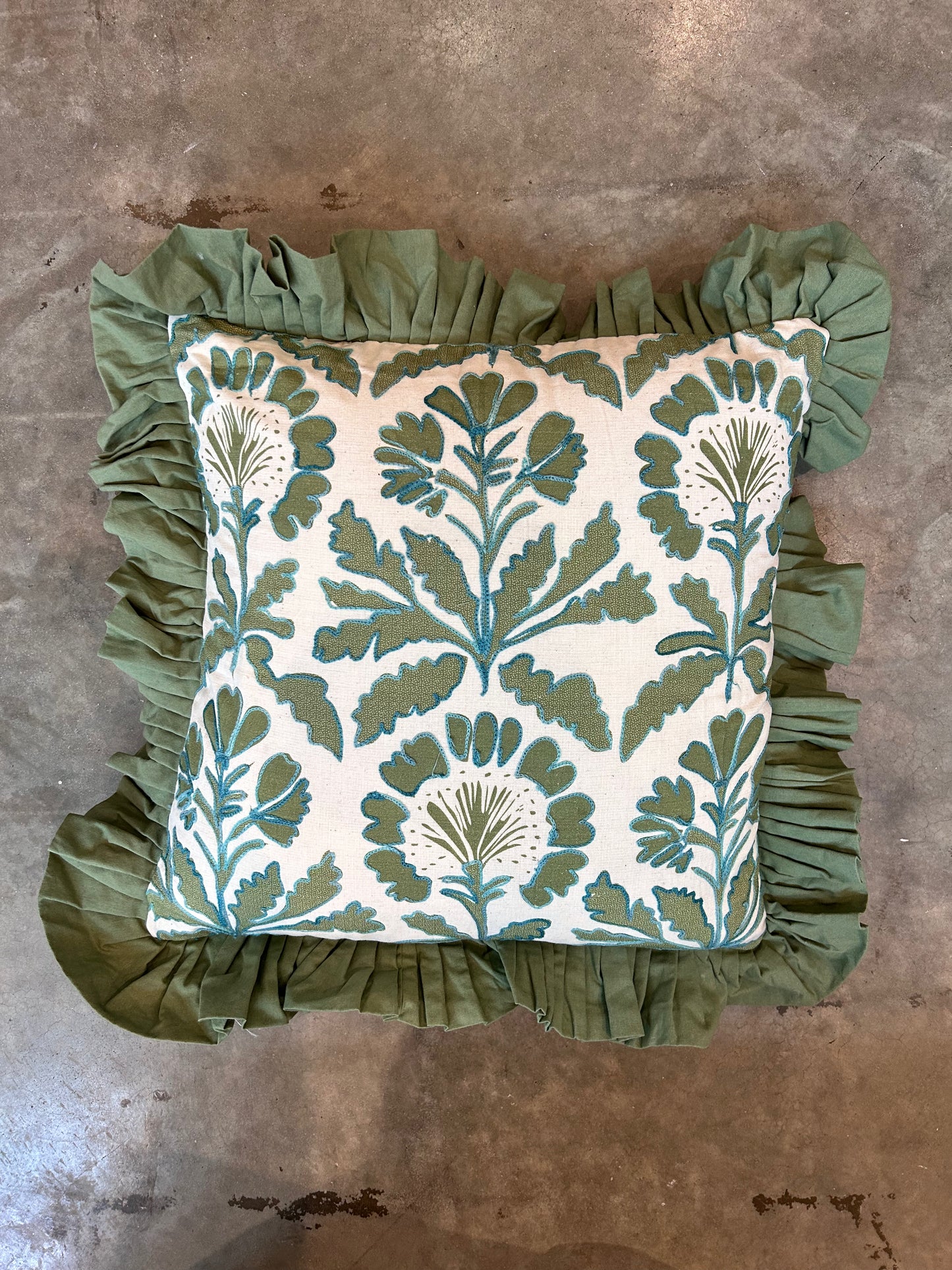 CC Square Pillow with Floral, Embroidery and Ruffle