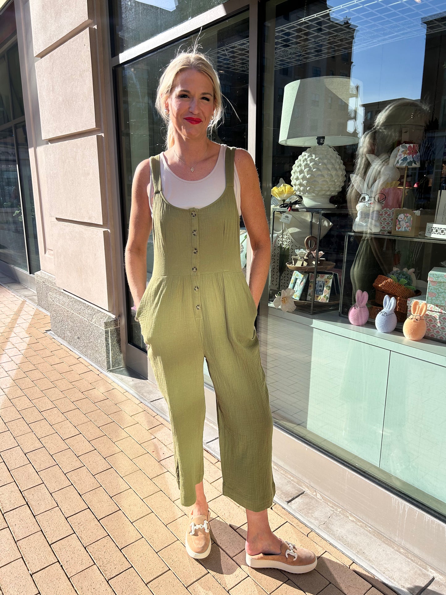 Tribal Green Jumpsuit with Back Smocking