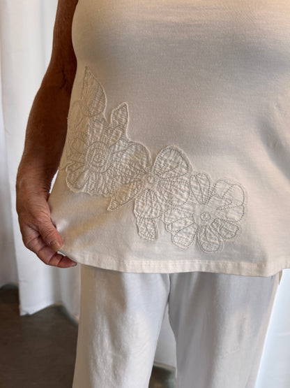 Escape Embroidered V Neck Tank White