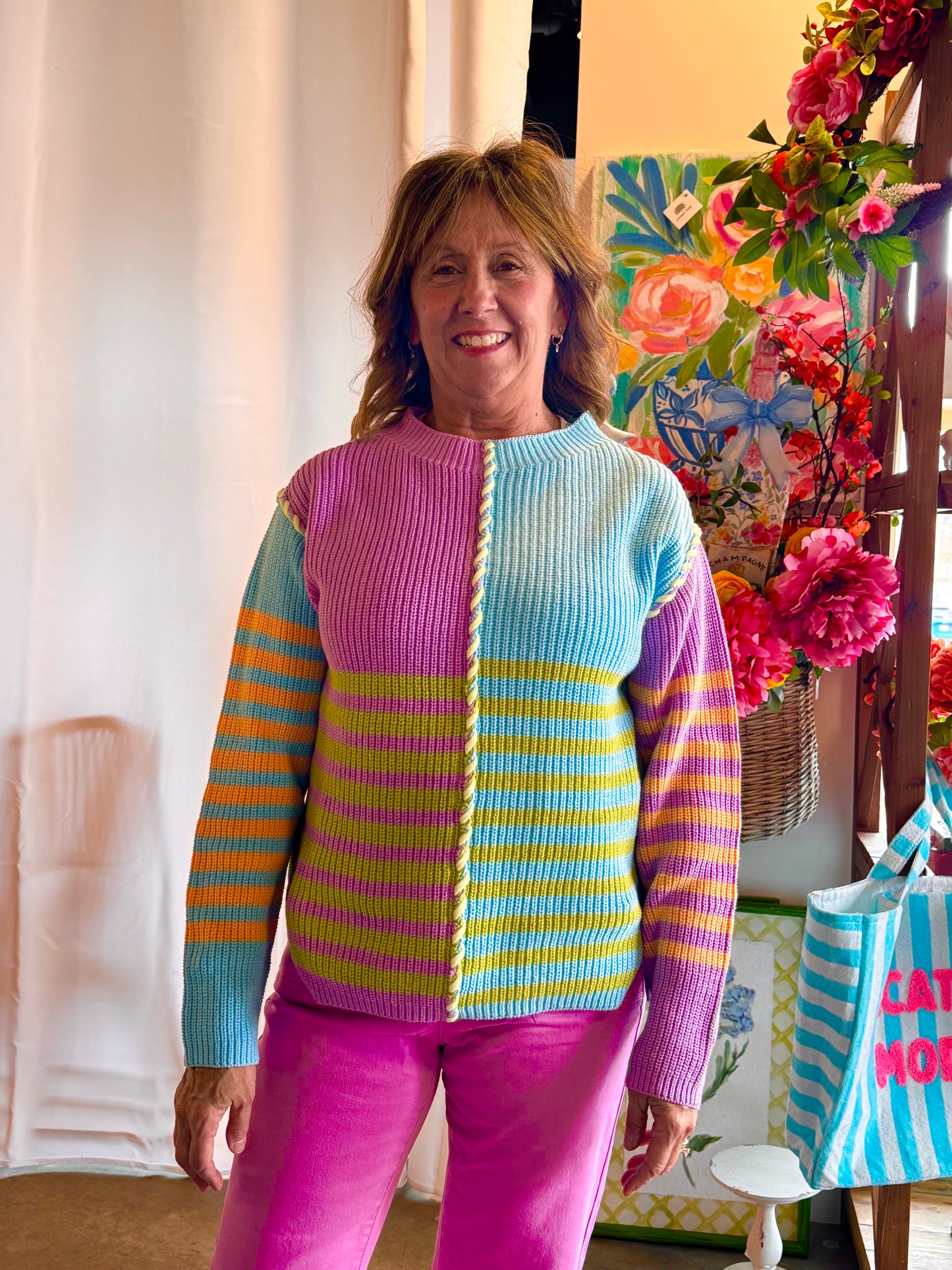 Tribal Boat Neck Striped Sweater Lilac Rose