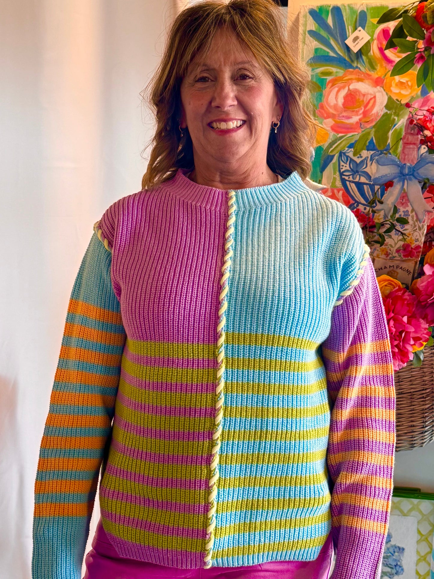 Tribal Boat Neck Striped Sweater Lilac Rose