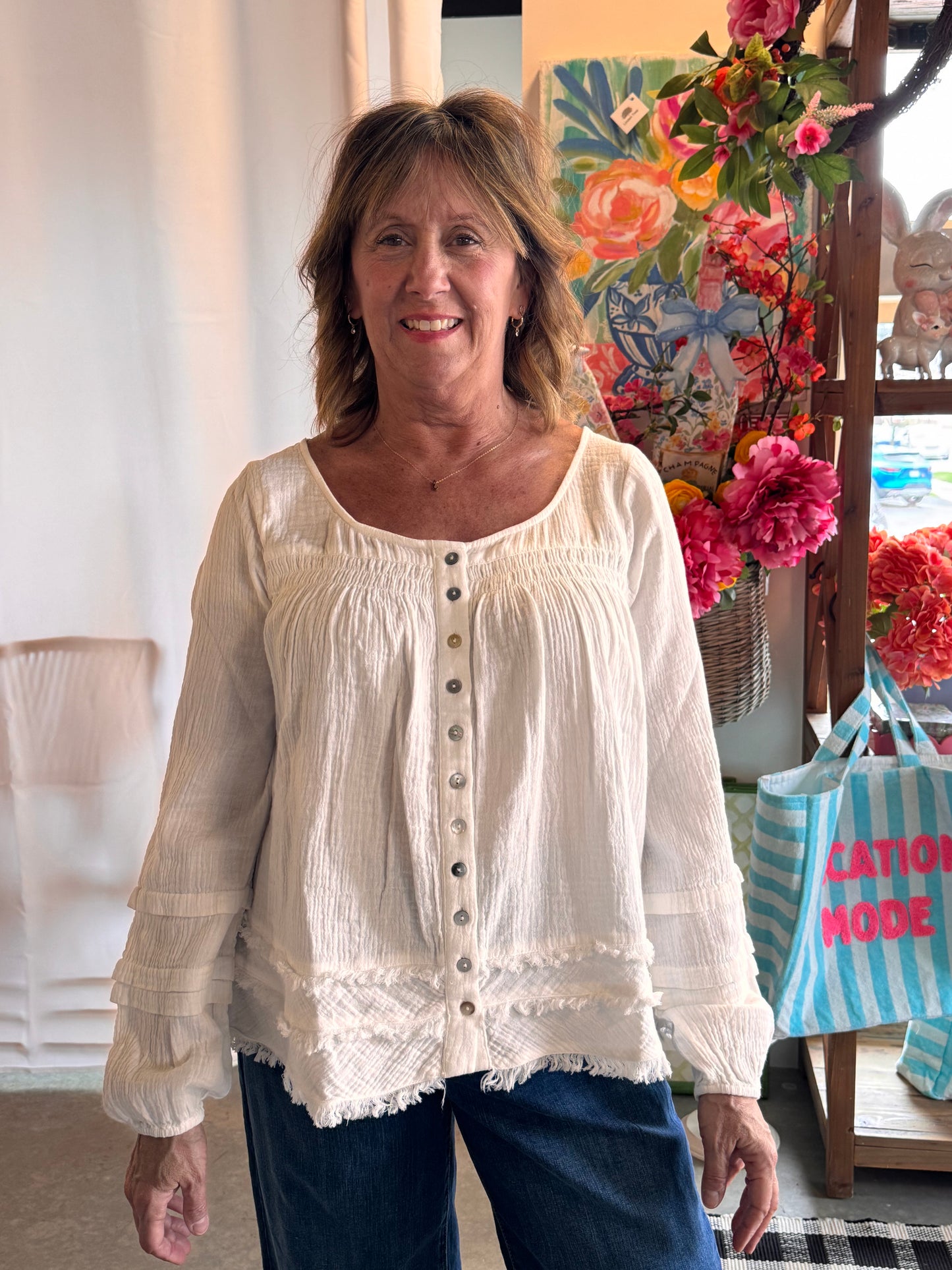Tribal A Line Blouse Smocked Ocean Pearl