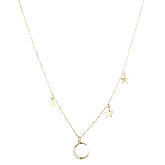 EBass Crescent Moon and Little Stars Pave CZ Necklace