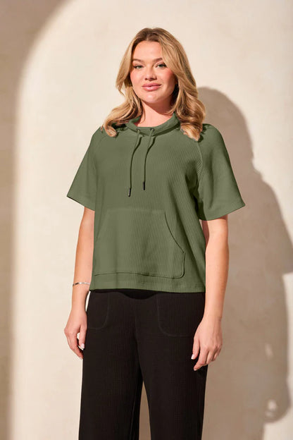 Tribal Green Funnel Neck S/S Top