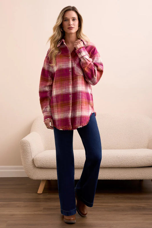 Tribal Plaid Shirt with Fringe Hem