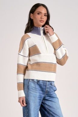 Elan 1/4 Zip Camel Stripe Sweater